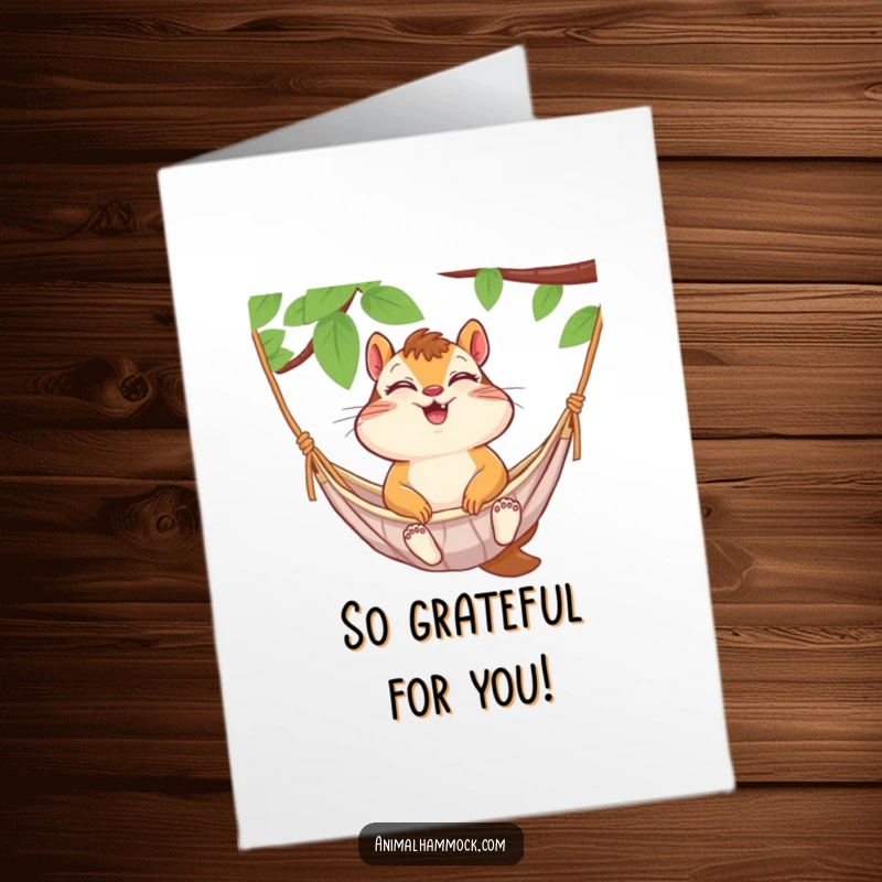 Funny Free Printable Thank You Card: A chipmunk giggles contentedly in a hammock, showing thanks.