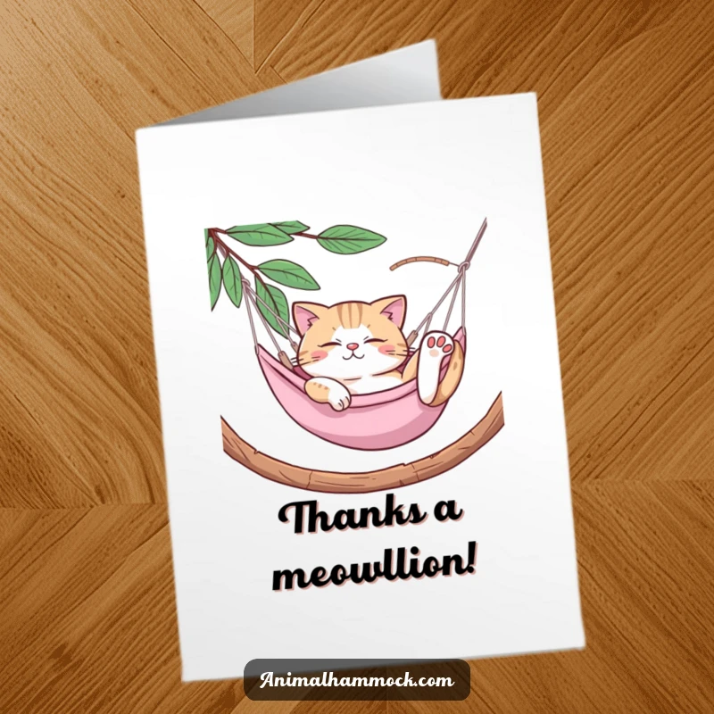 Funny Free Printable Thank You Card with a relaxed cat enjoying a hammock, conveying effortless gratitude.
