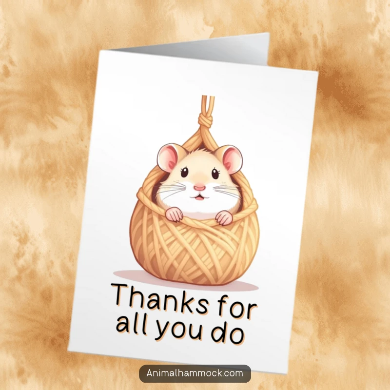 Funny Free Printable Thank You Card: A curious hamster peeking from inside its miniature yarn hammock.