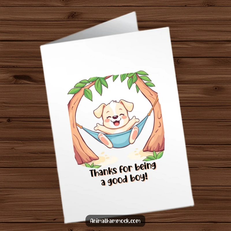 Funny Free Printable Puppy Thank You Card: Playful puppy doing a joyful stretch while lounging in a hammock, a thank you with a stretch.