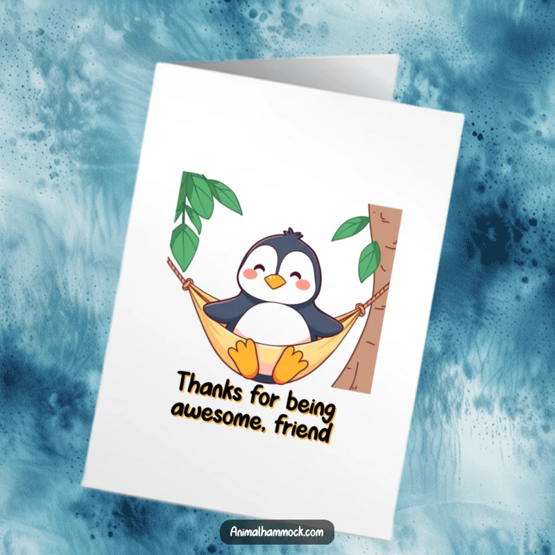 Funny Free Printable Thank You Card: Proud penguin in a hammock, offering a humorous and relaxing thank you.