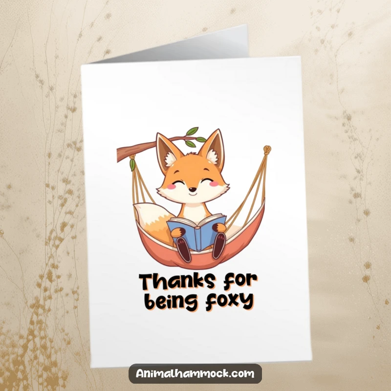 Funny Free Printable Thank You Card: Smiling fox with long ears peacefully reading in a hammock, looking content.