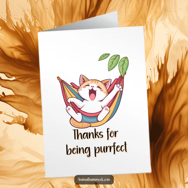 Funny Free Printable Thank You Card: A yawning cat stretching lazily while lounging in a vibrant hammock.