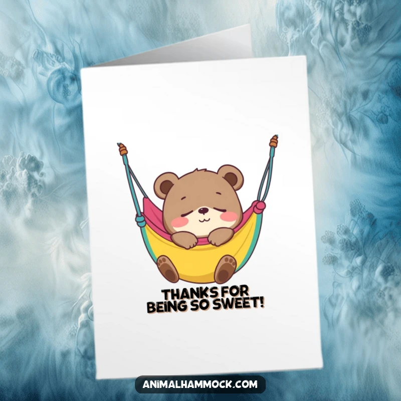 Funny Free Printable Bear Cub Thank You Card: Smiling bear cub blissfully fast asleep in a colorful hammock, a thank you nap.