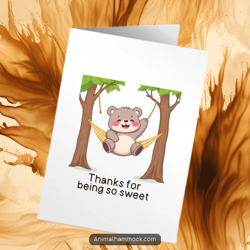 Funny Free Printable Thank You Card: Chubby bear cub having a great time dangling in a hammock.