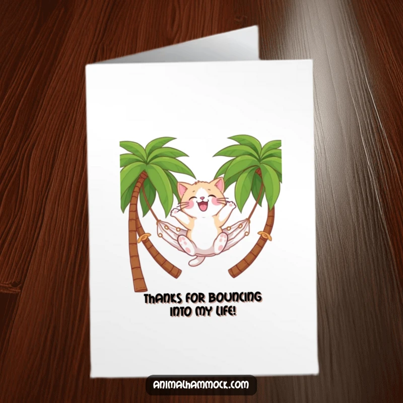 Funny Free Printable Cat Thank You Card: A fluffy cat bouncing on a hammock, conveying thanks with tropical relaxation.