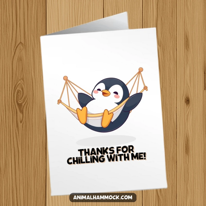 Funny Free Printable Thank You Card with a contented penguin gleefully sliding into a hammock, offering thanks.