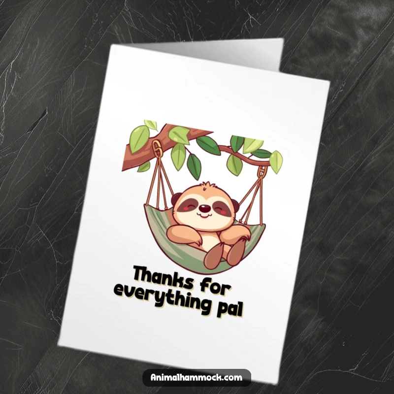 Funny Free Printable Thank You Card: A happy sloth lounging in a hammock, conveying thanks with a relaxed demeanor.
