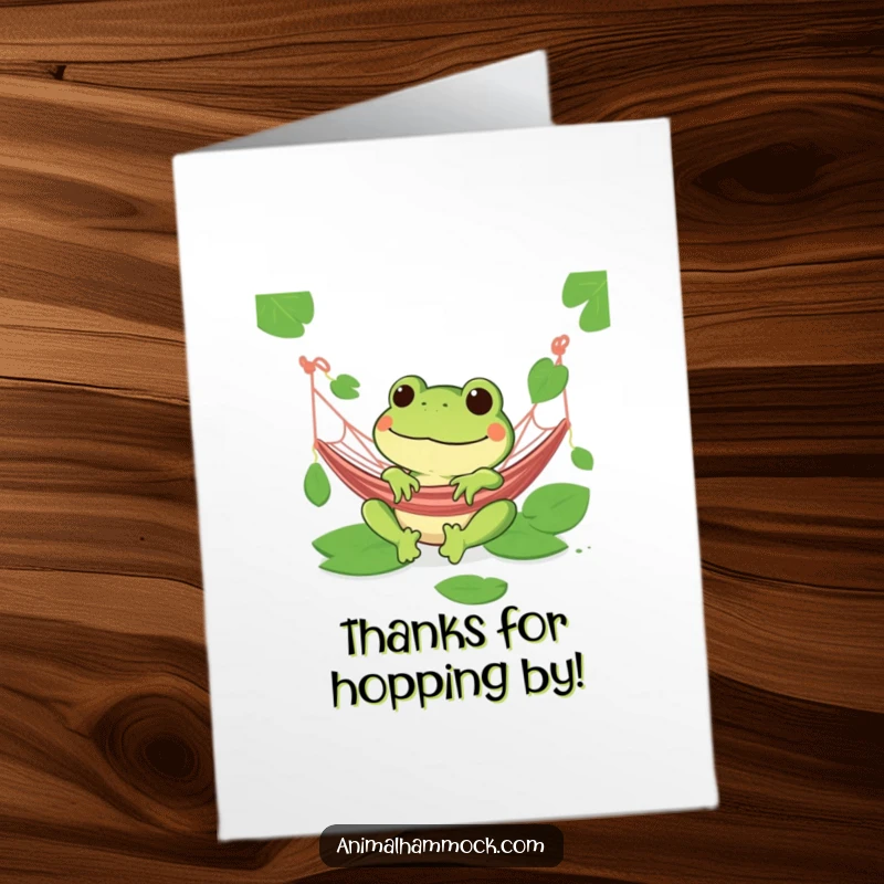Funny Free Printable Thank You Card: Green frog grinning, relaxing in a hammock, sending thanks with a playful vibe.