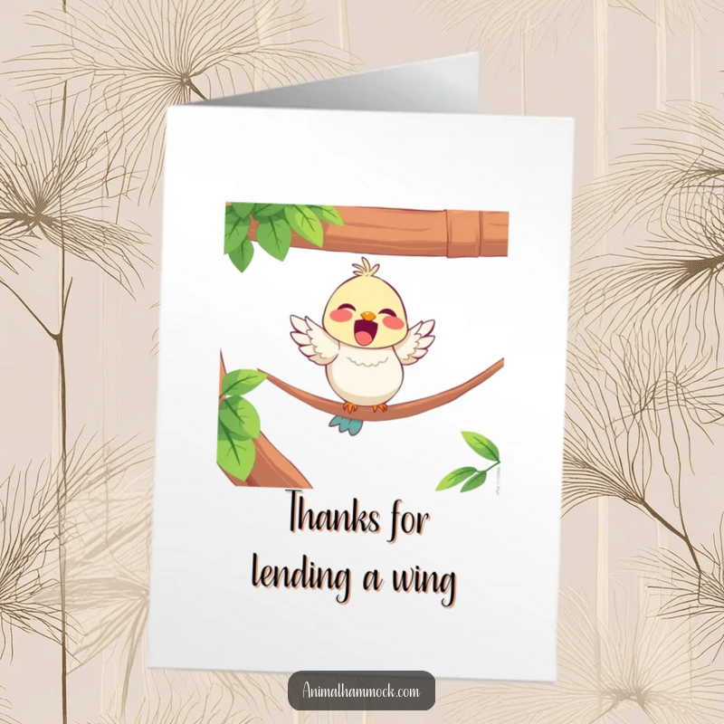 Funny Free Printable Thank You Card: Delighted bird perching on a hammock edge, a sweet and humorous thank you.