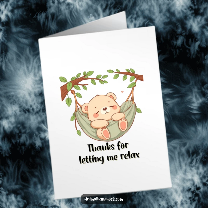 Funny Free Printable Thank You Card: A content bear cub napping peacefully in a hammock, expressing relaxed thanks.