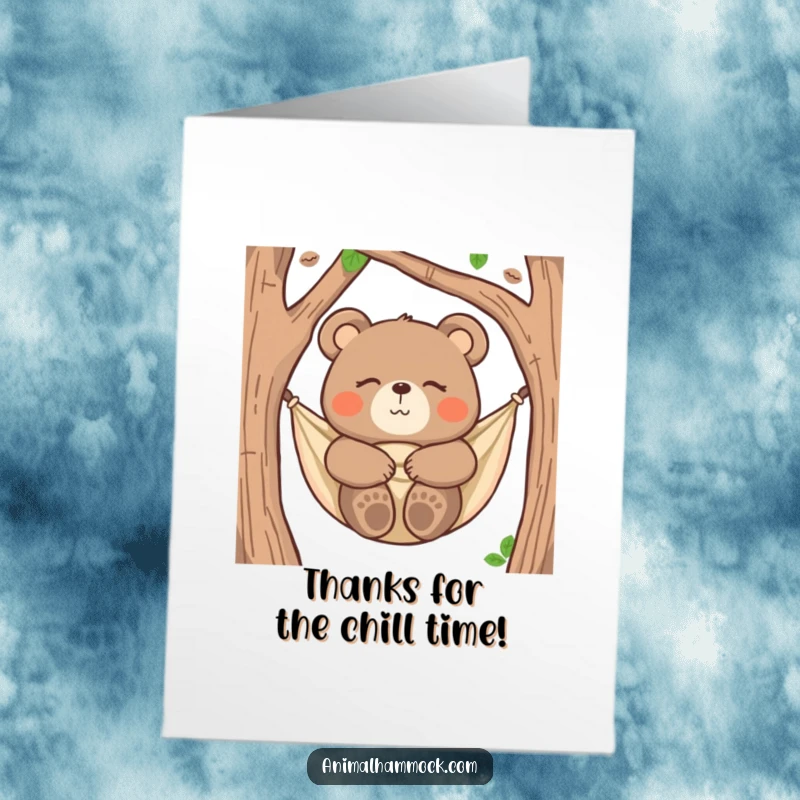 Funny Free Printable Thank You Card: A happy bear rests peacefully in a hammock, eyes closed, expressing gratitude with sweet serenity.