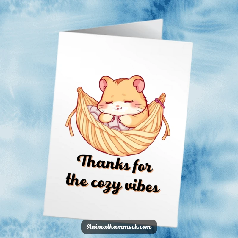 Funny Free Printable Thank You Card: A sleepy hamster relaxing in a yarn hammock, conveying heartfelt thanks with humor.