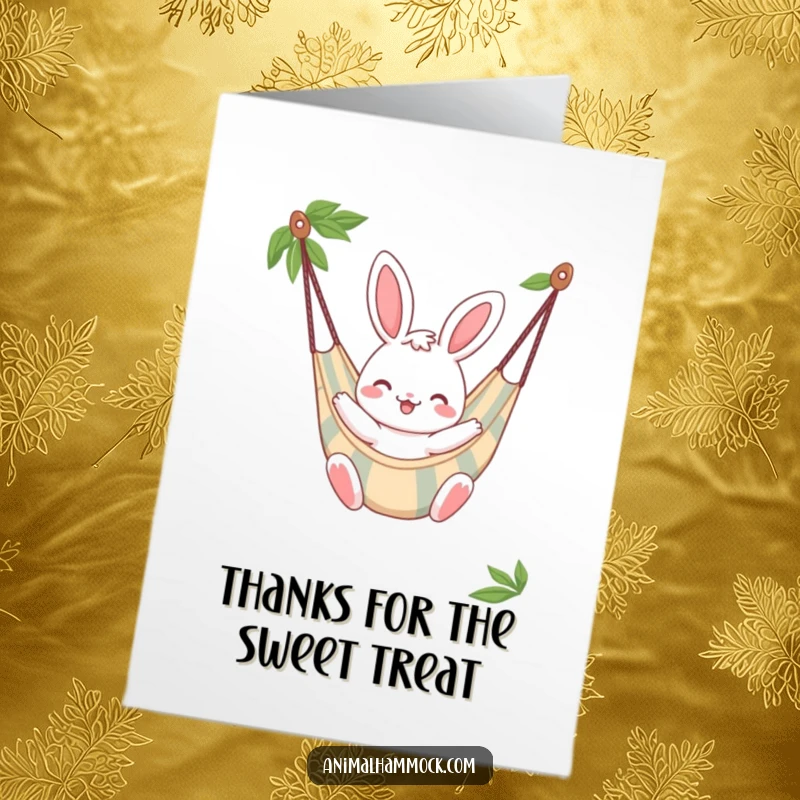 Funny Free Printable Thank You Card: Cheerful bunny character bouncing gently in a striped hammock, looking utterly delighted.