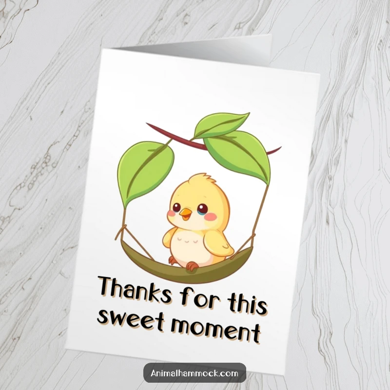Funny Free Printable Thank You Card: A happy little bird swinging on a tiny leaf hammock, expressing thanks with joy.