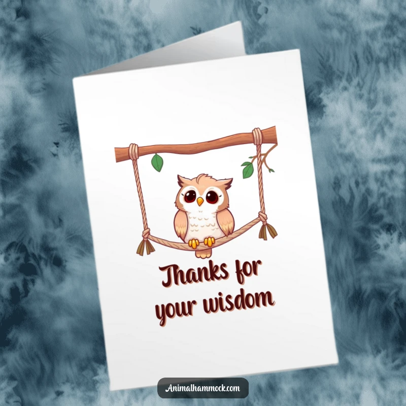 Funny Free Printable Thank You Card featuring a curious owl on hammock ropes, signifying mindful thanks.