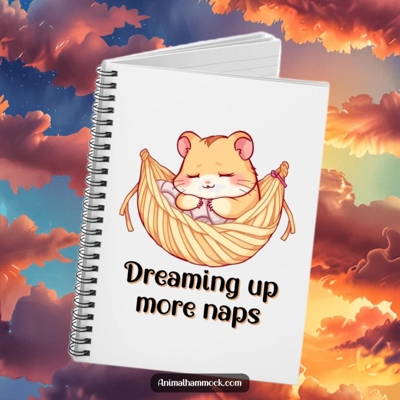 Funny notebook with a tranquil hamster character nestled in a yarn hammock, perfect for jotting down ideas or daily reflections.