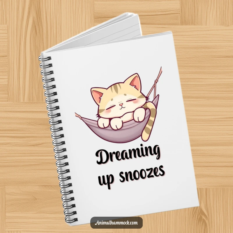 Funny notebook with a sleepy cat lounging in a hammock, perfect for jotting down dreams and delightful thoughts.