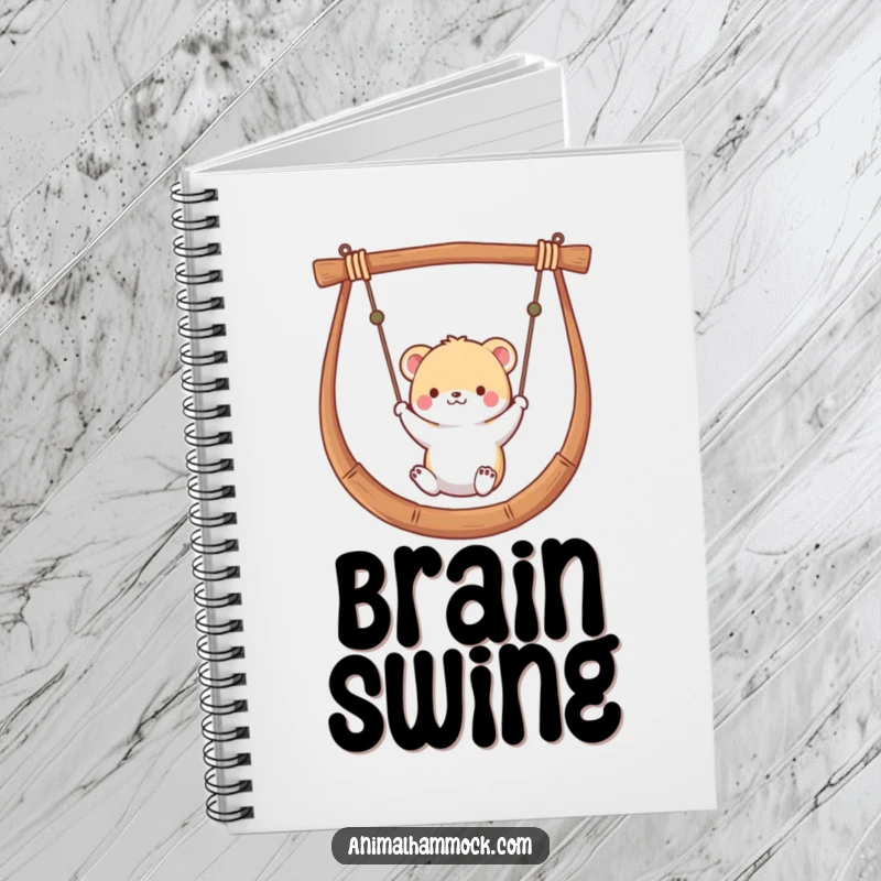 Funny notebook with a small animal peacefully swinging in a hammock, designed for capturing peaceful thoughts and creative ideas.