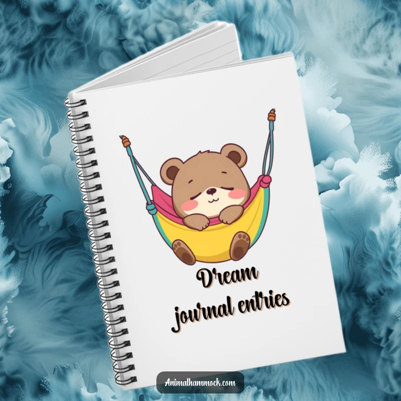 Funny Bear Cub Notebook depicting a smiling cub blissfully fast asleep in a colorful hammock, ideal for note-taking with a dose of humor.