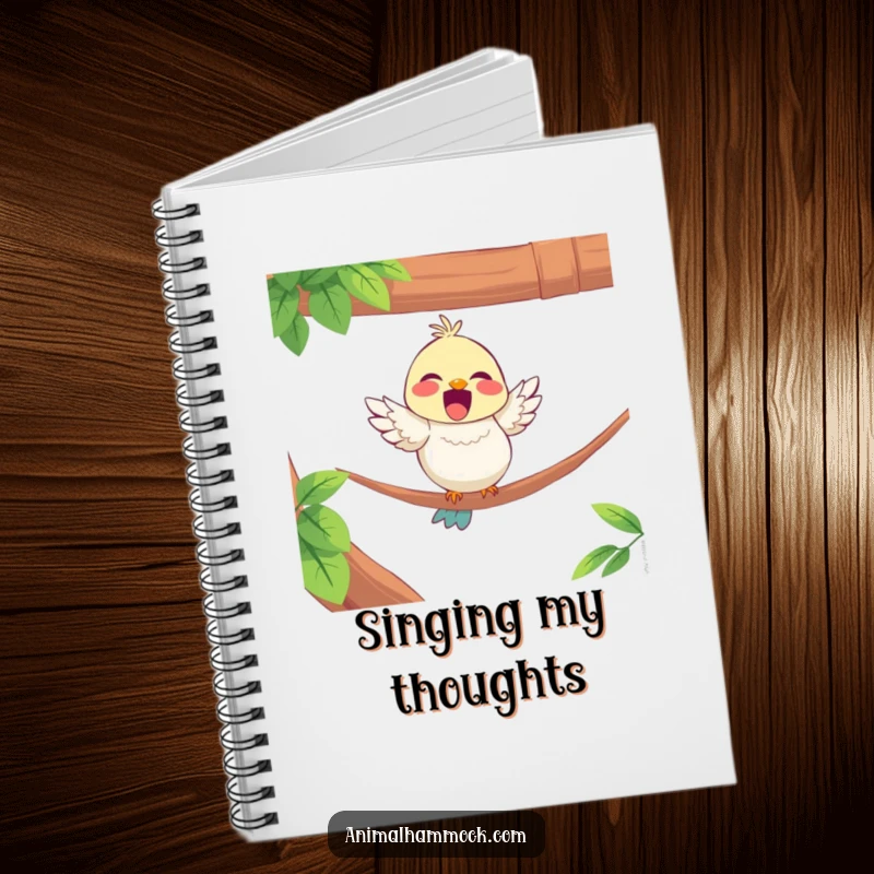 Funny notebook cover with a delighted bird character perched on the edge of a hammock, ideal for jotting happy thoughts.