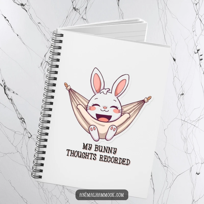 Funny bunny notebook featuring a delighted bunny smiling broadly in a hammock, perfect for jotting down notes with a smile. A funny and practical item.