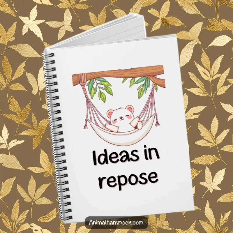Funny notebook cover with a cute animal luxuriously stretching in a hammock, perfect for jotting down relaxed and hilarious ideas.