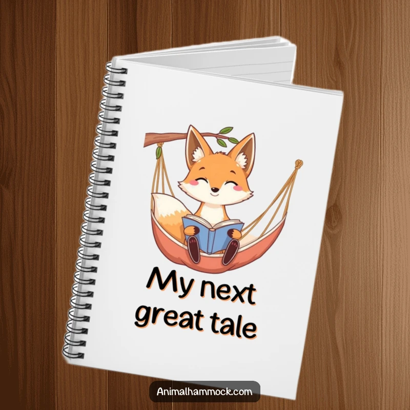 Funny smiling fox with long ears reading a book while relaxing in a hammock, featured on this notebook.