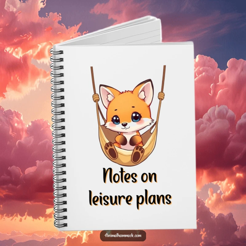 Funny small fox curiously eyeing a hammock, featured on a notebook cover for humorous note-taking and curious thoughts.