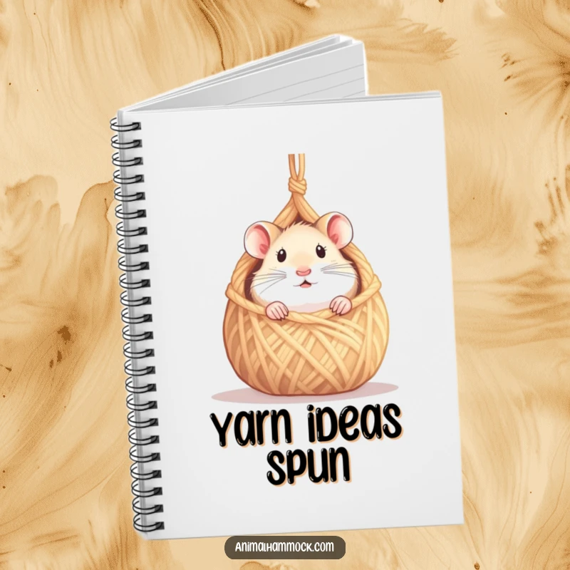 Funny hamster notebook with a curious hamster peeking from a tiny hammock made of yarn, ideal for writing and creativity, a cool funny gift.