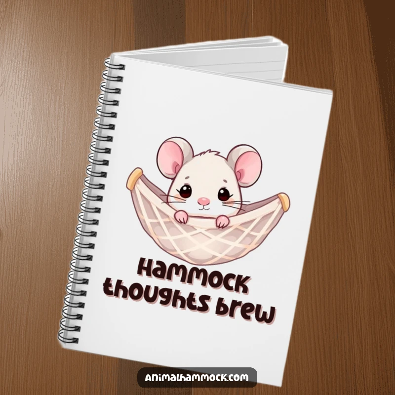 Funny mouse peeking from a hammock net, on the cover of a notebook. A humorous and functional item for writers.