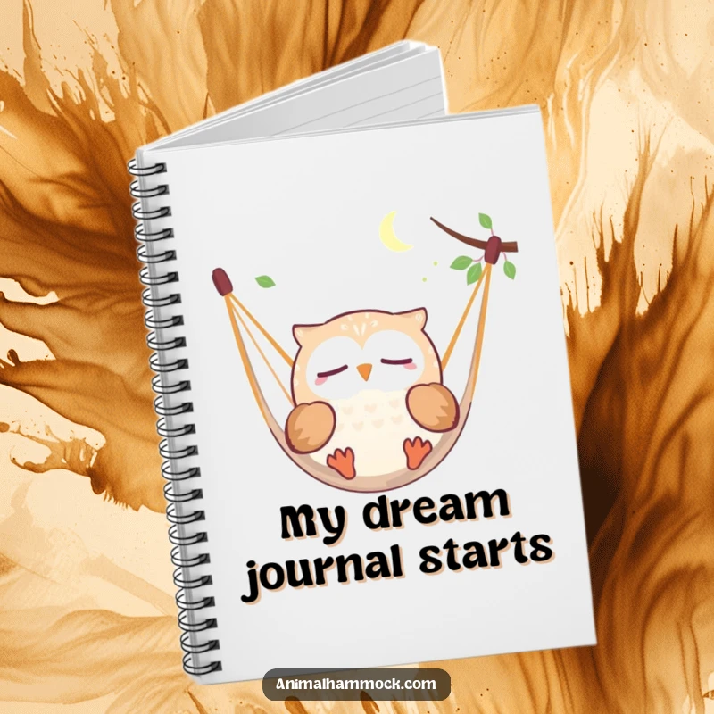 Funny round owl character dreaming while floating in a hammock, featured on a notebook cover for creative minds.