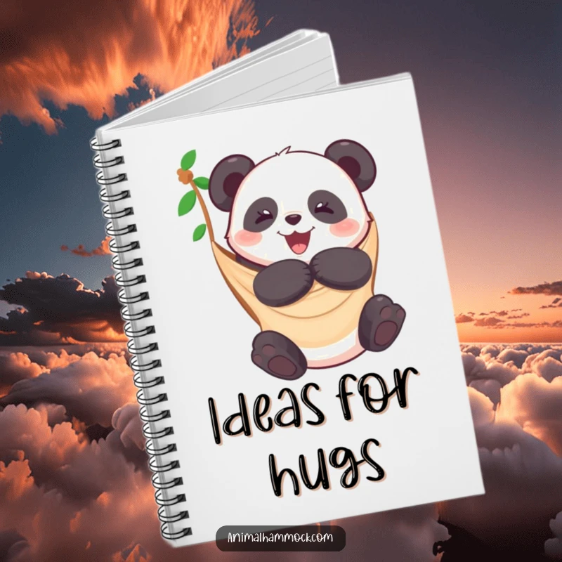 Funny notebook cover depicts a happy panda tightly hugging a hammock, encouraging joyful writing and note-taking. Excellent gift.