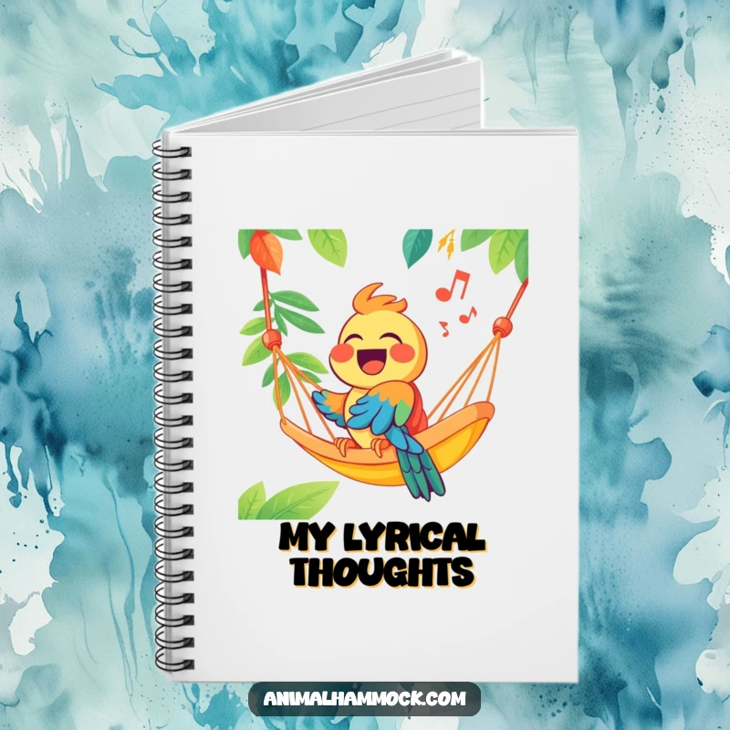 Funny joyous parrot singing from a brightly colored hammock, printed on a notebook cover, inspiring cheerful thoughts and offering a humorous touch.