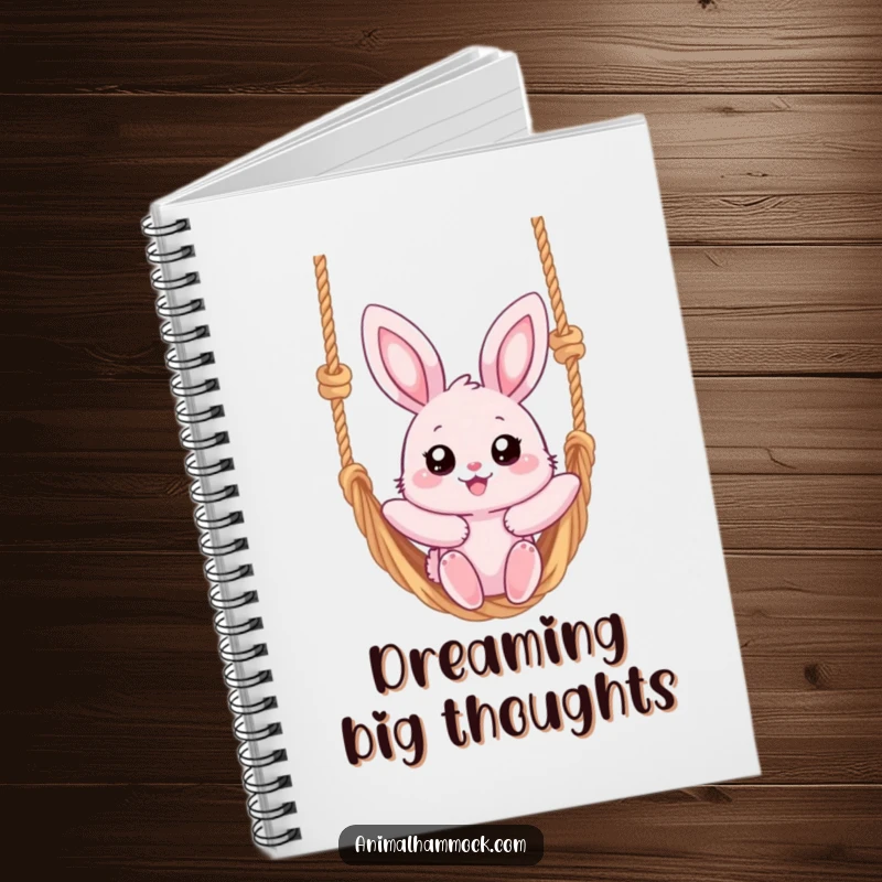 Funny notebook with a fluffy pink bunny with big eyes, joyfully swinging on a rope hammock, designed for peaceful writing.