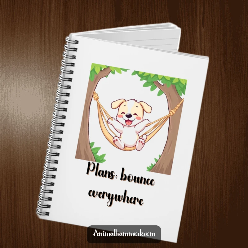 Funny notebook with a playful puppy bouncing in a hammock, perfect for jotting down exciting plans and happy thoughts.