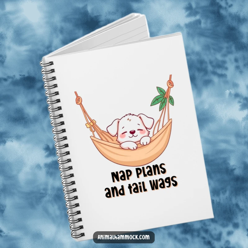 Funny puppy character napping soundly in a hammock, featured on a notebook cover for a humorous and inspiring writing experience.