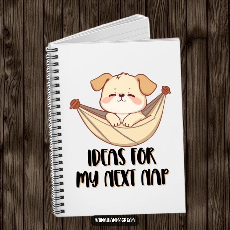 Funny puppy notebook featuring a giggling puppy sleeping soundly in a hammock, perfect for jotting down notes with a smile. A funny and practical item.