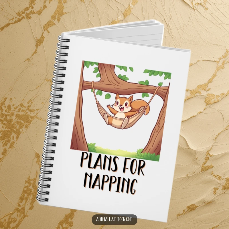 Funny notebook cover features an energetic squirrel leaping into a hammock, inspiring creative writing and note-taking. Excellent gift.