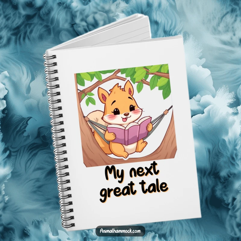 Funny squirrel character absorbed in a book while relaxing in a hammock, featured on a notebook cover for creative minds.