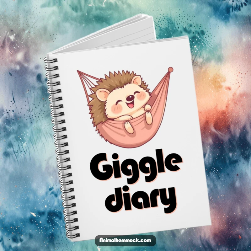 Funny notebook cover with a happy hedgehog rolling into a hammock, inspiring cheerful writing and note-taking. Excellent gift.