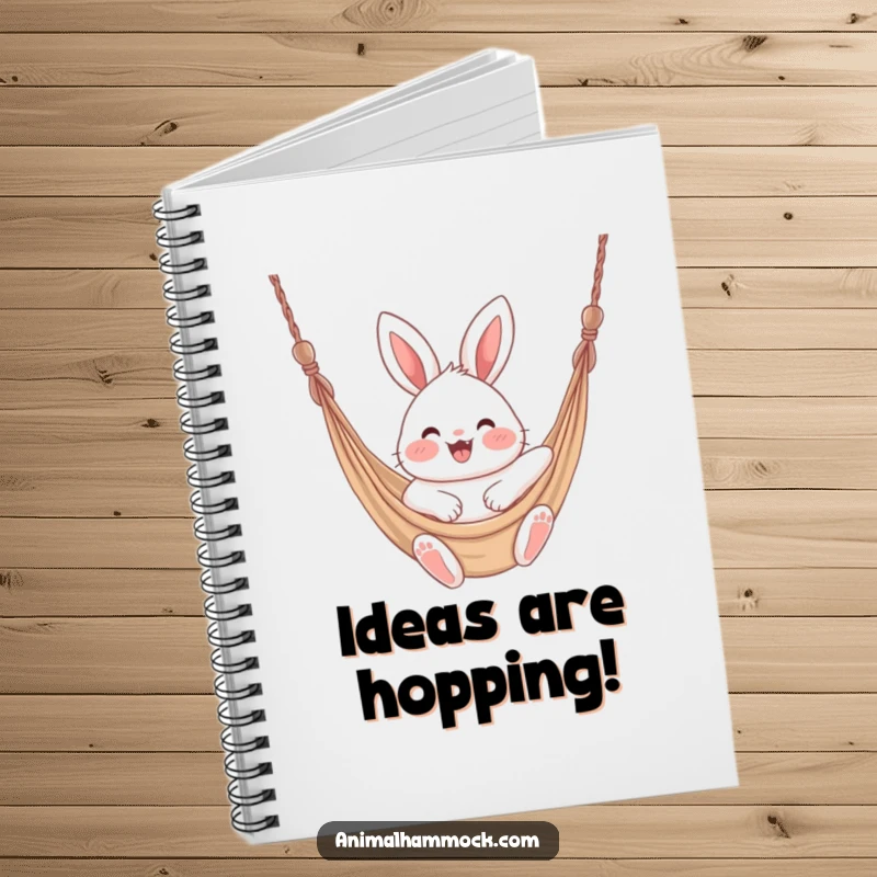 Funny fluffy bunny with rosy cheeks bouncing excitedly in a hammock, featured on the cover of this notebook.