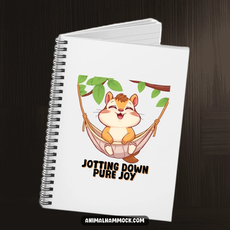 Funny chipmunk giggling in a hammock, on the cover of a notebook. A humorous and functional tool for writers.
