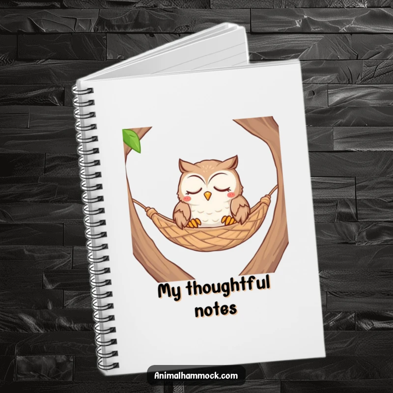 Funny contented owl with closed eyes nestled comfortably in a woven hammock, featured on this notebook.