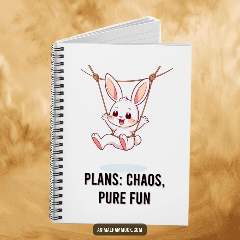 Funny notebook showcasing a delighted bunny character kicking its legs with glee in a hammock, perfect for creative brainstorming.