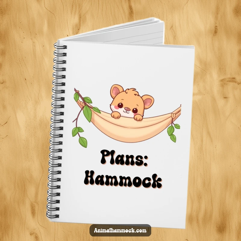Funny notebook featuring an animal peeking over a hammock, ideal for jotting down notes, ideas, or doodles with a dose of humor.