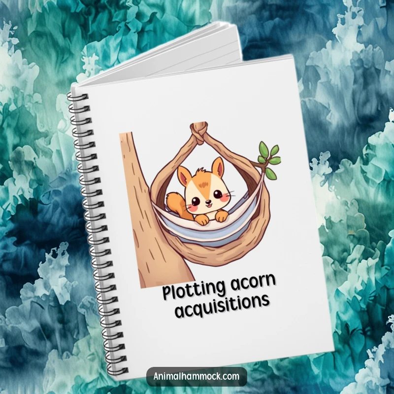 Funny notebook with a curious squirrel peeking from its hammock in a nest, ideal for journaling thoughts and observations.