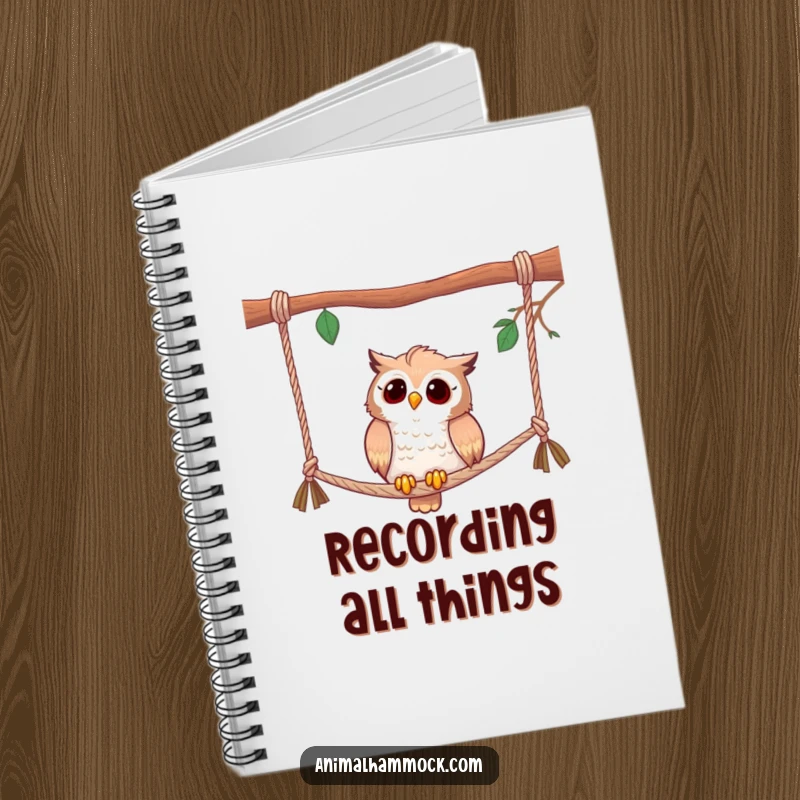 Funny notebook with a curious owl perched on hammock ropes, perfect for jotting down wise thoughts and observations.
