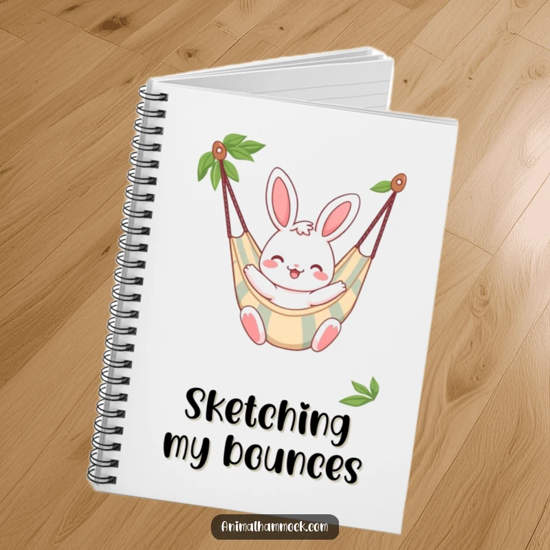 Funny Bunny Notebook, a cheerful bunny character bouncing gently in a striped hammock, ideal for capturing thoughts.
