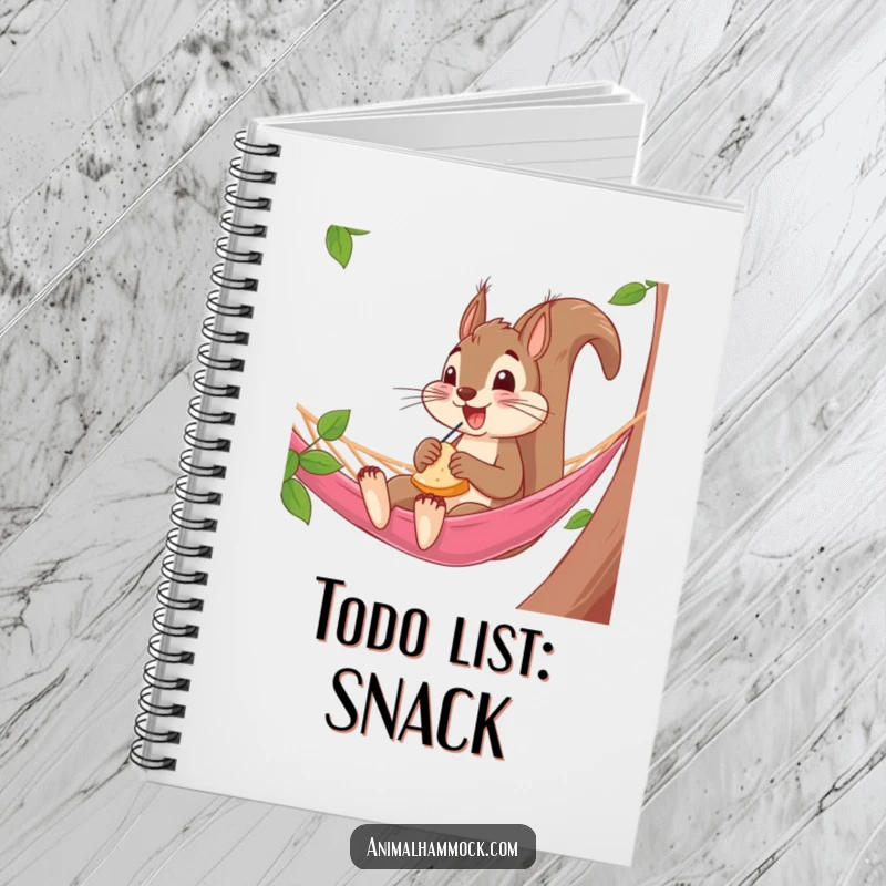 Funny Squirrel Notebook: A notebook with an excited squirrel snacking in a hammock, offering comedic inspiration for writing and planning, a fun gift.
